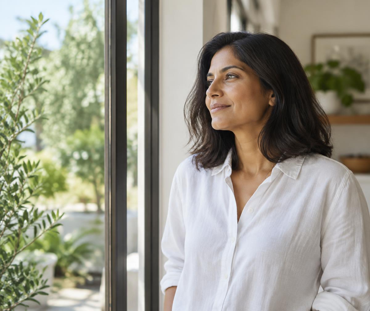 A woman looking thoughtfully out of a sunlit window